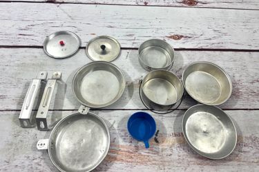 Vintage Ware Aluminum Folding Camping Cookware Boy Scout Mess Kit Plate Pan Cup