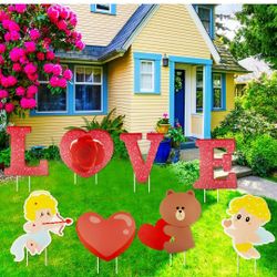 8 Pieces Valentine's Day Yard Signs Decorations, Valentine Outdoor Signs Love Letter Red Heart Cupid Sweet Bear Lawn Yard Signs with Stakes for Valent