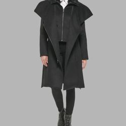 Karl Lagerfeld Paris Unisex Asymmetrical Wool Coat Belted Faux Fur BIB Small NEW