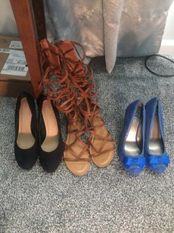Gladiator sandals and 2 high heel shoes size 10