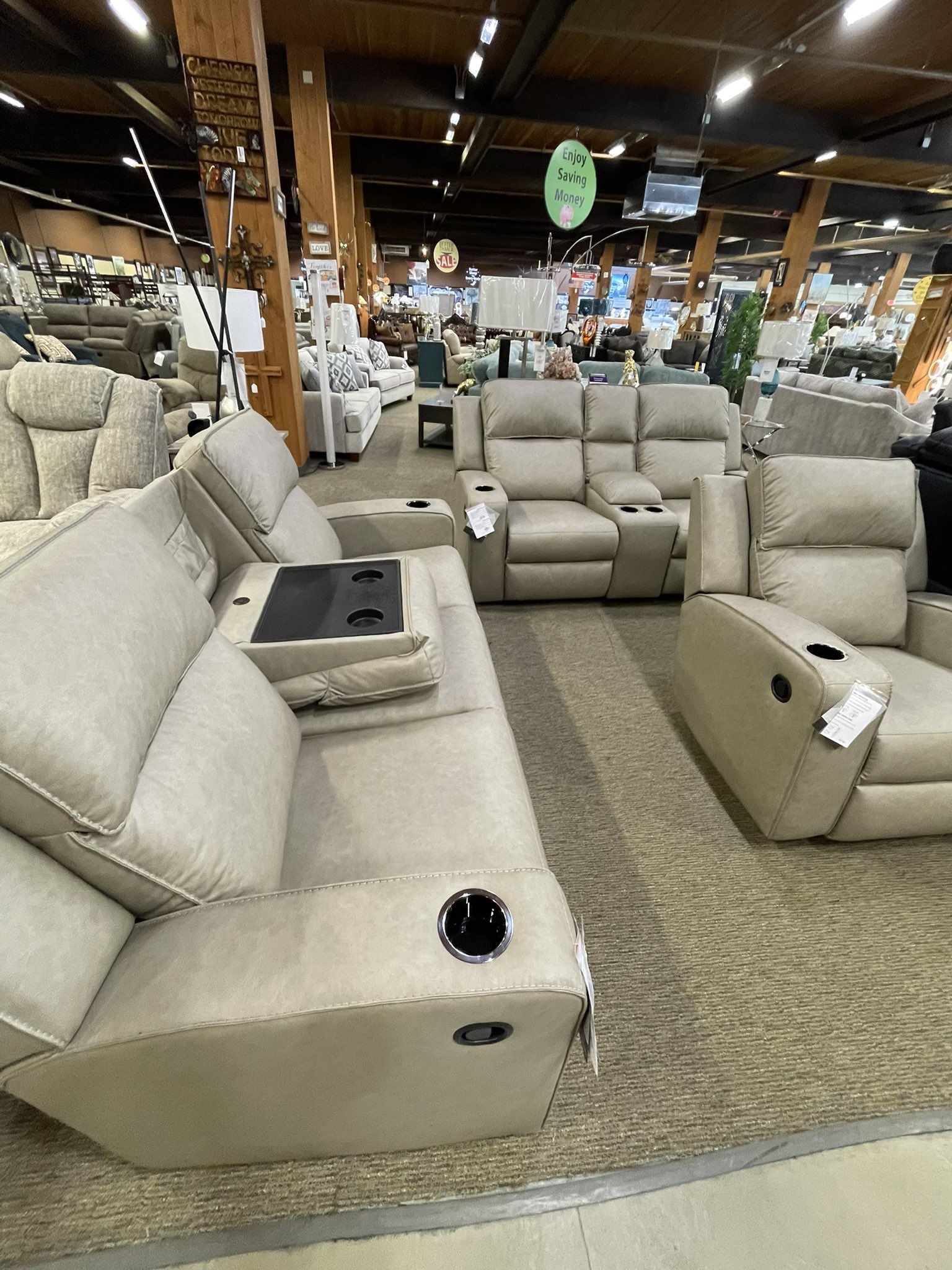 Pebble Manual Reclining Sofa Love Set With Drop-down Table And Console