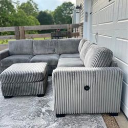 SLIGHTLY USED MODERN AND STYLISH GREY SECTIONAL CURDUROY SOFA WITH STORAGE OTTOMAN & RUG