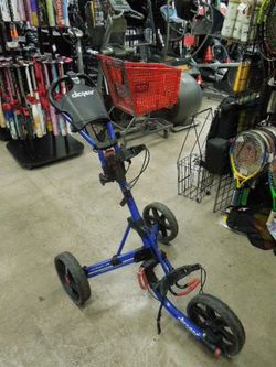 Used Clicgear Model 3.0 Folding Golf Push Cart Securing Bungee Straps are Worn