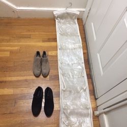 2 Pairs Of Women Dress Shoes And A 2 Sided Shoe Hanger Tan ones are size 6 1/2 and black pair size 7 $10 for each or willing to do a deal for all 3 me