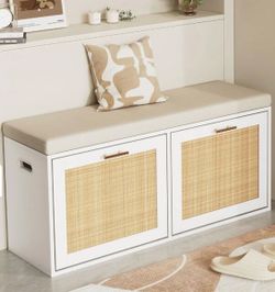 39'' Rattan Entryway Bench with Seat Cushion & Shoe Cabinet - White