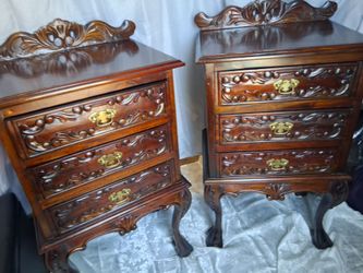 Vintage mahogany french style bedside nightstand with brass handle drawers