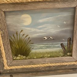 Vintage coastal beach oil painting on canvas, in rustic wood frame with rope accent. Rustic/ cottage