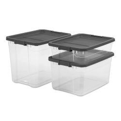 Sterilite 108 Qt.Stacker Box Plastic Flat Gray Set of3Transparent Base Durable 