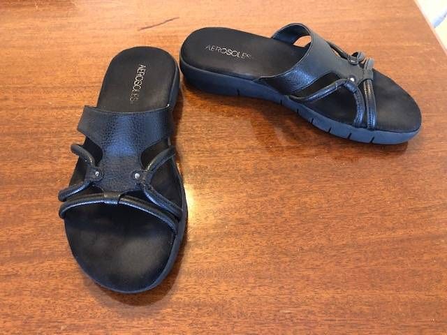 Aerosoles Wip Away Slip On Sandals Black Faux Leather Casual Womens