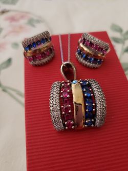 Silver 925 CZ Pendant Earring Set 19 Gram Multicolor
