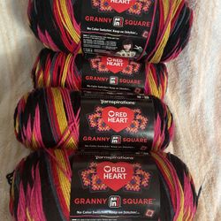 4 Skeins Red Heart Granny Square Yarn Color: Black - Scarlet Sands