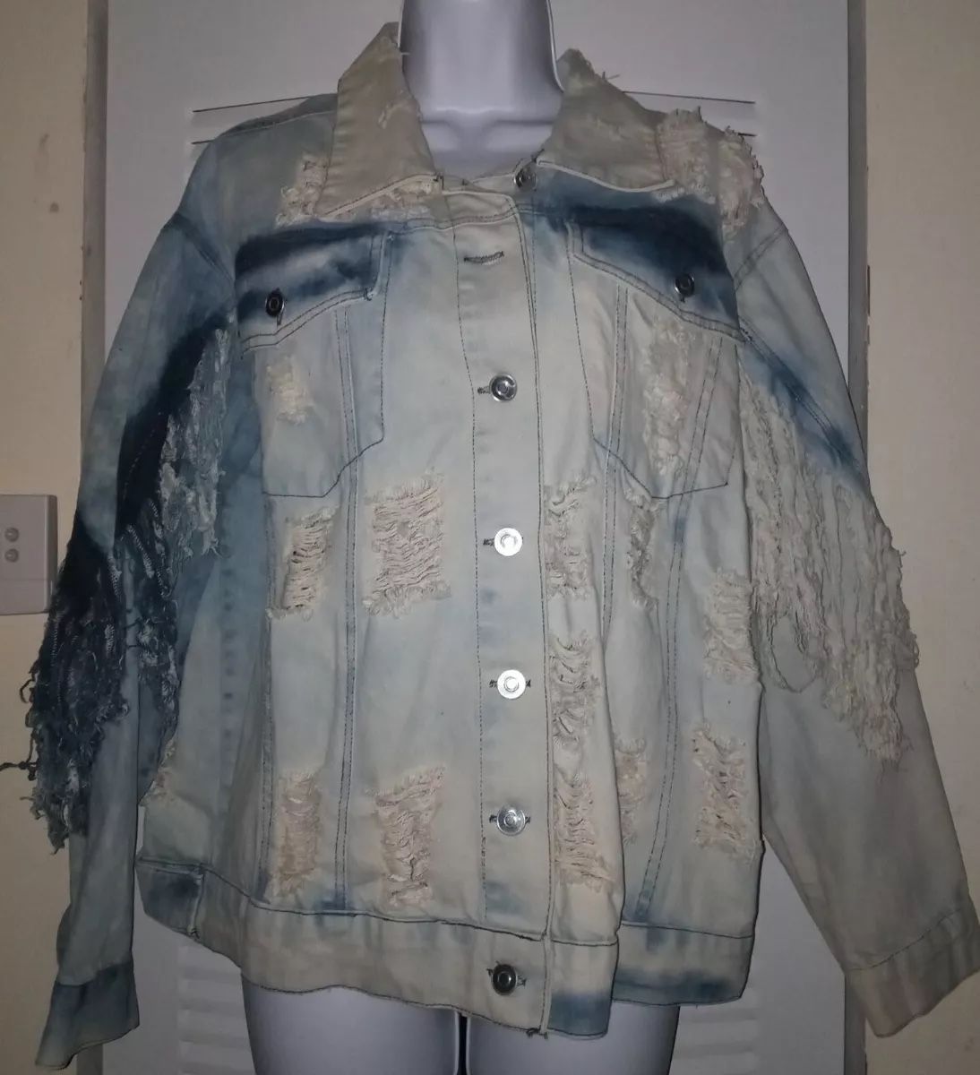 KROIX Womens Distressed Acid Washed Frayed Fringe Denim Jean Jacket 3XL