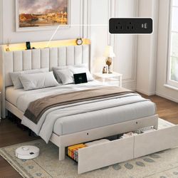 Bed Frame Queen Size with Drawers and LED Lights, Upholstered Platform Bed Frame with Charging Station