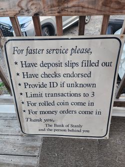 VINTAGE RARE The Bank Of Stanly North Carolina Metal Drive Through Sign 28 x 30"