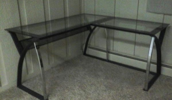 The Sharper Image L Shaped Tempered Glass Desk For Sale In St