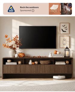 70" Modern Curved TV Stand with Storage for TVs Up to 80" | 2 Storage Cabinets, 3 Open Cubbies, Wood Grain.