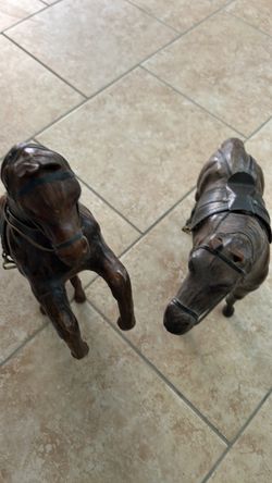 Leather wrapped horses figurines with brass accents- excellent