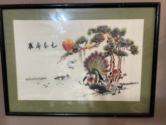 VINTAGE Chinese peacock silk embroidery artwork framed Asian wall art