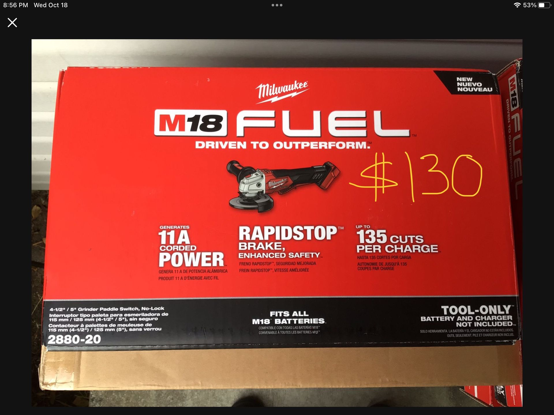 Milwaukee M18 FUEL Grinder. Tool Only. Brand NEW.