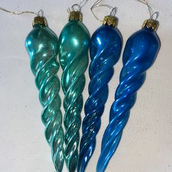 4 Santa’s Best Twisted Spiral Glass Icicle 6” Ornament green blue