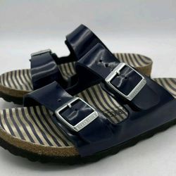 Birkenstock Arizona Patent Birko-Flor Blue Striped Sandals Slip on Slide in Women’s Size 36 US 5.5