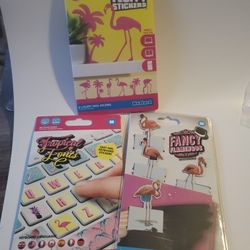 For Flamingo Lovers: 6 Vinyl Fluffy Sickers, 4 Fancy Flamingos Magnetic Bookmarks, Tropical Keyboard Fonts