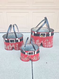 Set of 3 Santa Pants Christmas Metal Pails / Baskets – Brand New