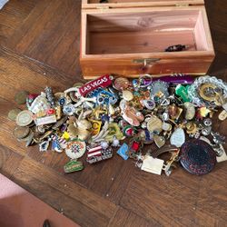 Random Old Pins And Pendants In Wooden Box