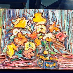 MCM Abstract Painting of still Life Of Flowers Pansies 18" X 12"