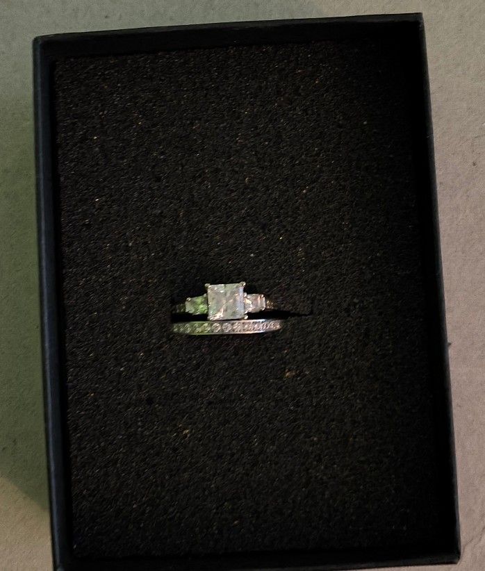 14k Solid White Gold Engagement Ring And Titanium Wedding Band With Cz Stones Size 8