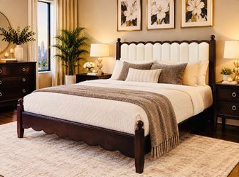 QUEEN BED BRIWN WOOD OFF WHITE LEATHER