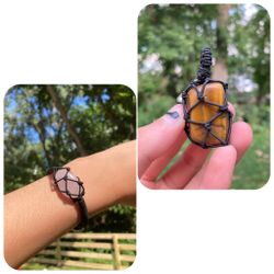 Handmade Tigers Eye And Rose Quart Macrame Pendant And Bracelet Bundle Deal