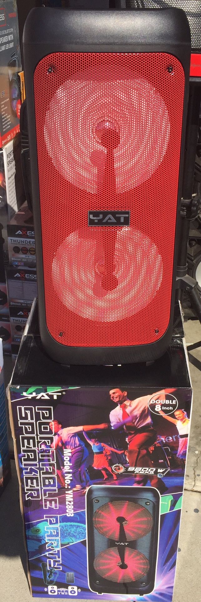 Dual 8 inch Rechargeable Bluetooth speaker/aux/Fm/USB and SD port/microphone/many styles available!! Brand new!