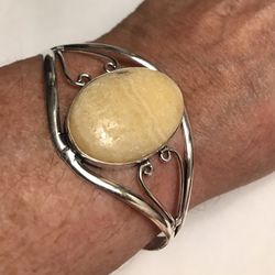 Yellow Lace Agate Stamped Solid 925 Sterling Silver Cuff Bracelet 