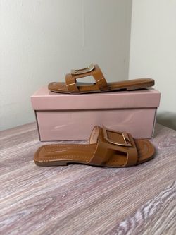 Merozzi Tan Patent Slide Sandals
