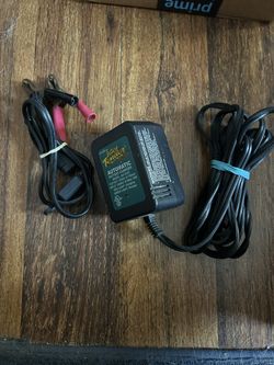 The image shows a Deltran Battery Tender Junior Automatic Battery Charger, Model: 021-0123. This charger is designed for maintaining 12V batteries.  