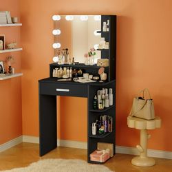 Black Vanity Mirror with Lights with Large Drawer and 6 Level Storage