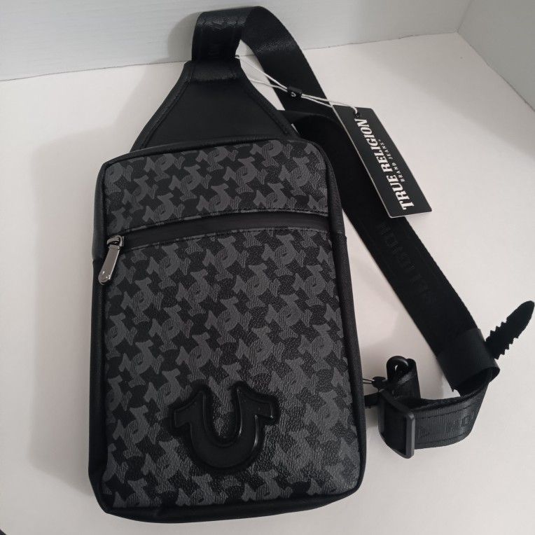 True Religion Horseshoe Monogram Sling Bag Black/Grey Leather Men's