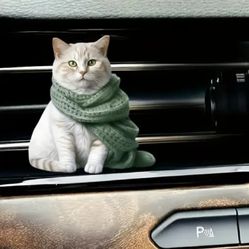 Cute 3D Print White Tabby Cat With Scarf Car Air Freshner Vent Clip 