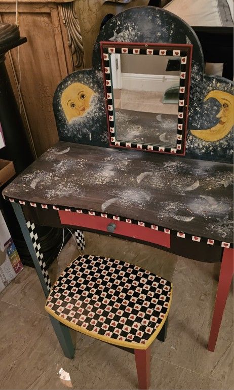 Hand Painted Wood Vanity And Stool
