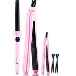 ROYALE PROFESSIONAL FULL SET 3-PIECE HAIR  STYLING COLLECTION - SOFT TOUCH 100% CERAMIC TOURMALINE CURLING WAND, FLAT IRON, & MINI FLAT IRON, PINK STR