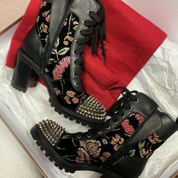 CHRISTIAN LOUBOUTIN CROC SPIKE STUDDED FLORAL-EMBROIDERED BOOTS BLACK SIZE 37