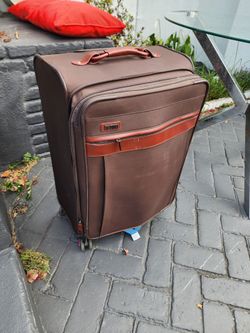 Brown Soft-Shell Rolling Suitcase with Leather Trim