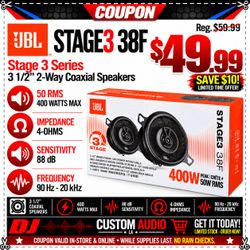 JBL Stage3 38F 3.5" 2-Way Coaxial Car Audio Speakers Pair 3-1/2 Inch Gen2 100W RMS 800W Peak 4-Ohm High Sensitivity Dashboard Corner Factory Upgrade