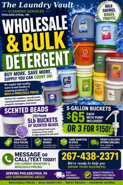 5 Gallon Buckets — Laundry Detergent, Fabric Softener, Dawn & Zep Degreaser