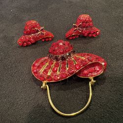 Red Hat Earrings And Brooch