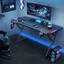 Gaming Desk with LED Lights,Carbon Fiber Surface RGB Gaming Computer Table, ColorCup Holder and Headphone Hook 