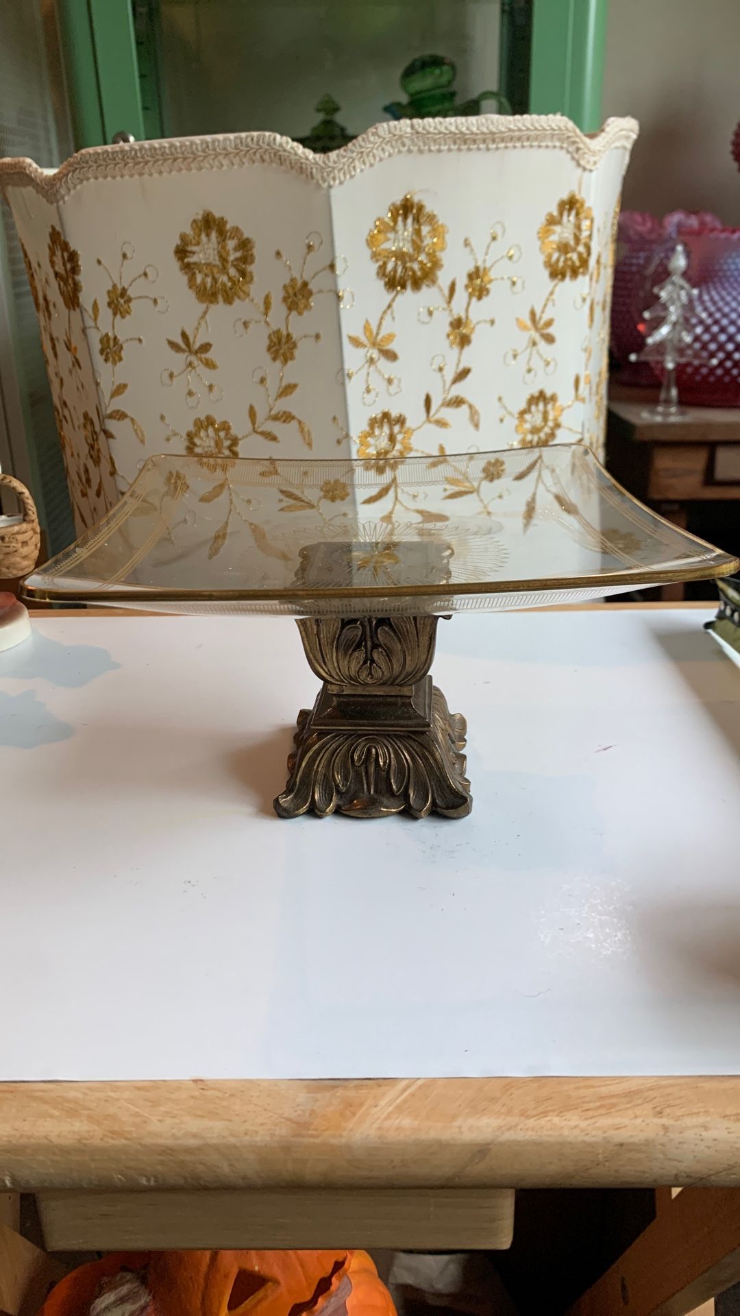 Vintage Hollywood Regency Footed Brass Glass Dish Compote Gilded