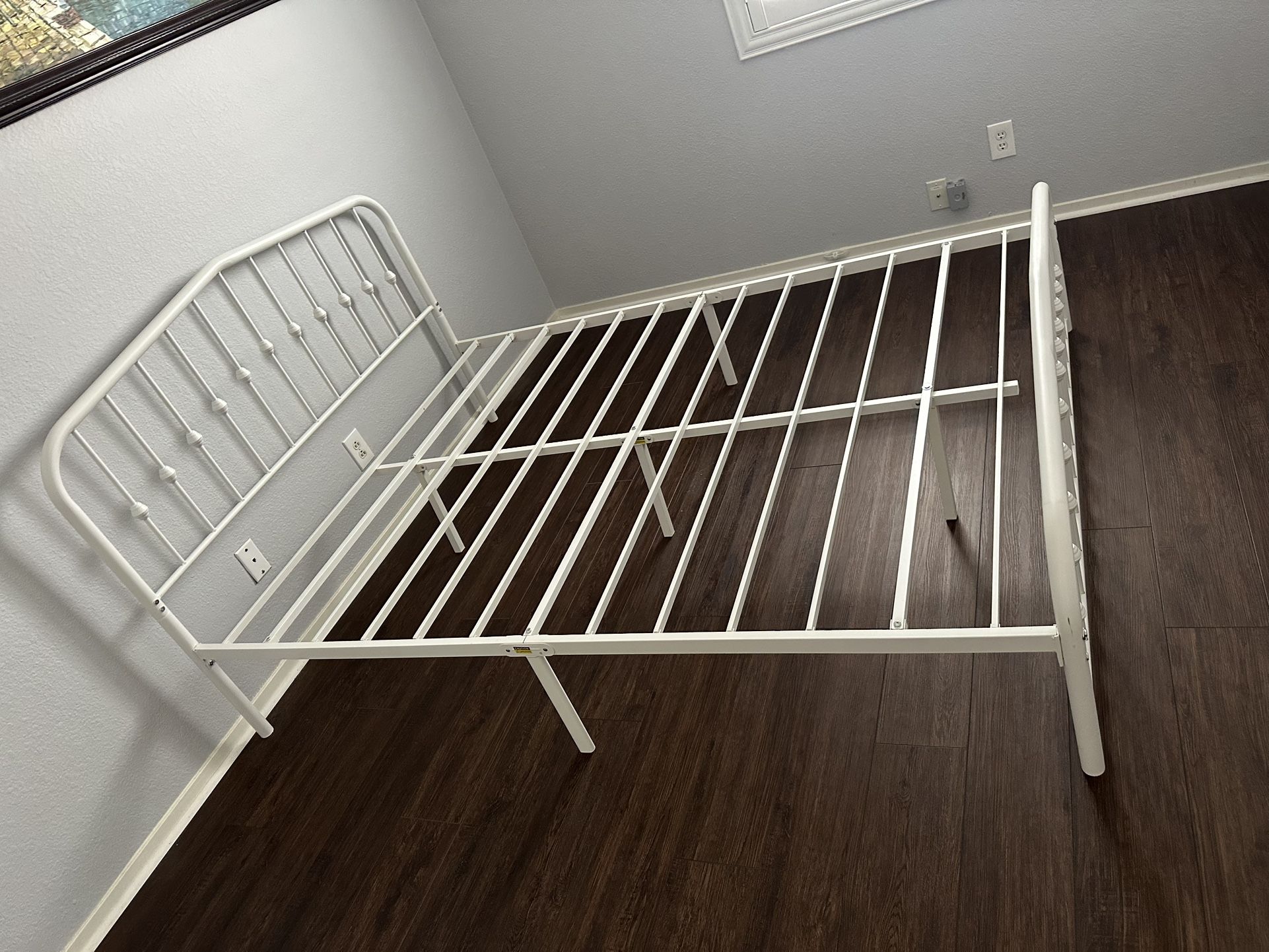 Queen size bed frame, no box spring required, easy to assemble