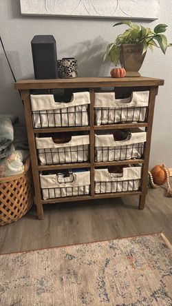 Rustic Wood Storage Cabinet with Wire Baskets